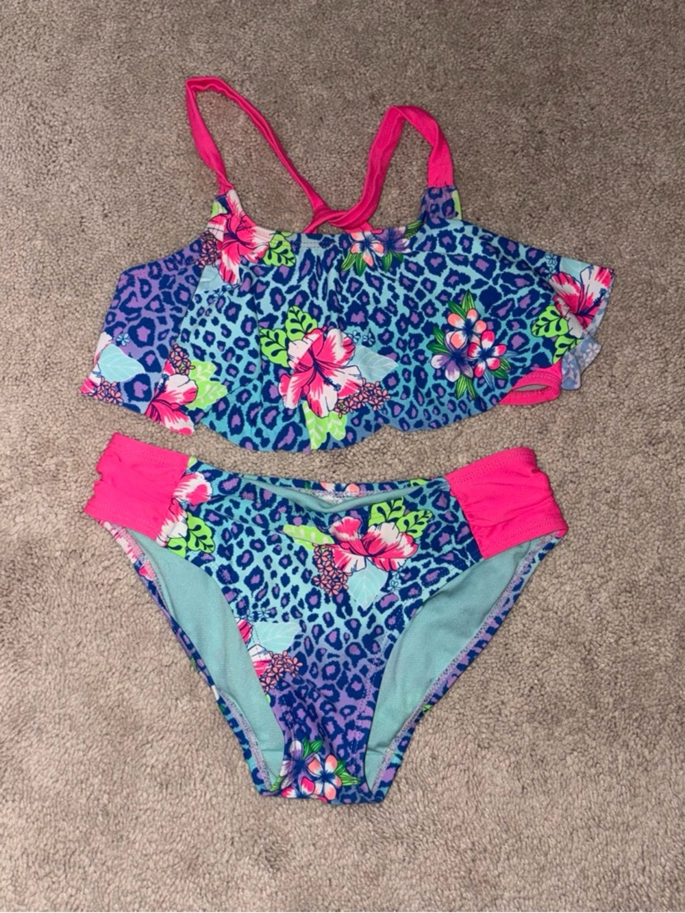 Girls Blue Floral Leopard Print Two-Piece Swim Set with Pink Accents